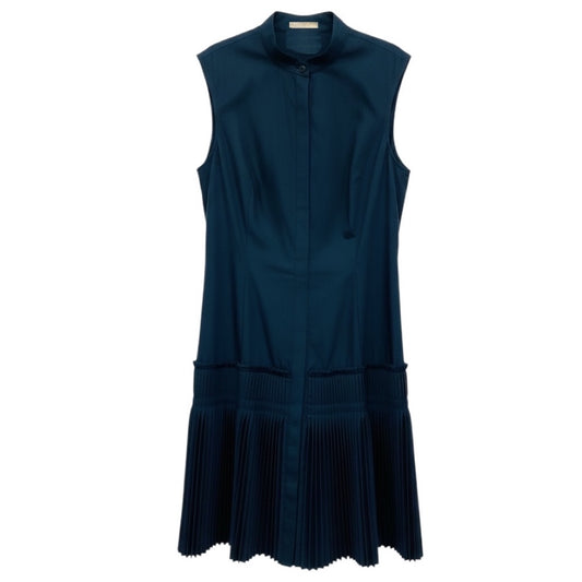 Lela Rose Navy Blue Pleated Sleeveless Button Front Cotton Dress