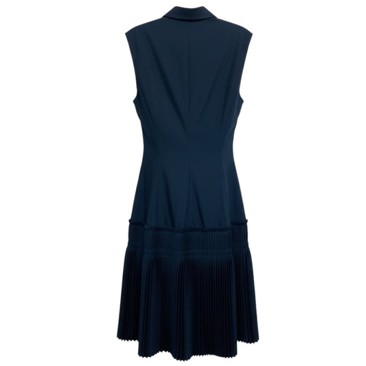 Lela Rose Navy Blue Pleated Sleeveless Button Front Cotton Dress
