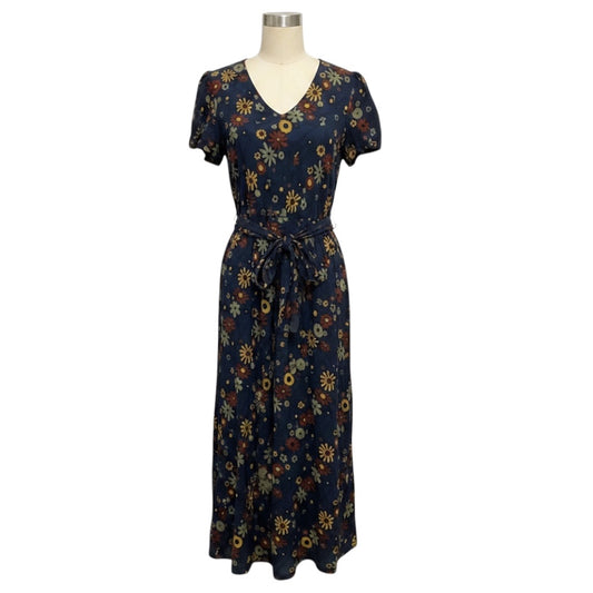 Marni Navy Blue Multi Floral Printed Short Sleeved Crepe Maxi Dress with Belt