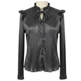 Load image into Gallery viewer, Maje Shiny Silver Argent Clunny Metallic Shirt with Ruffles and Tie Neck
