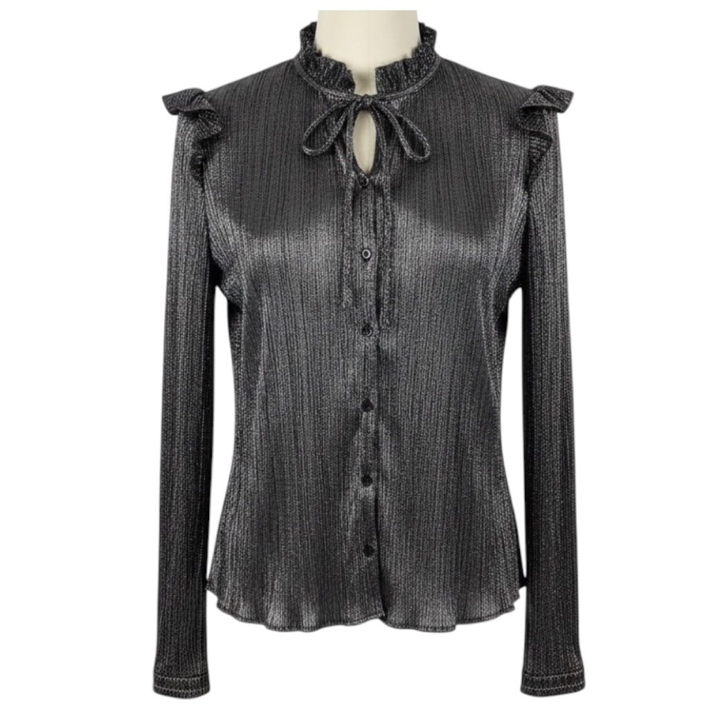 Maje Shiny Silver Argent Clunny Metallic Shirt with Ruffles and Tie Neck