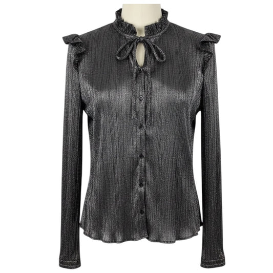 Maje Shiny Silver Argent Clunny Metallic Shirt with Ruffles and Tie Neck