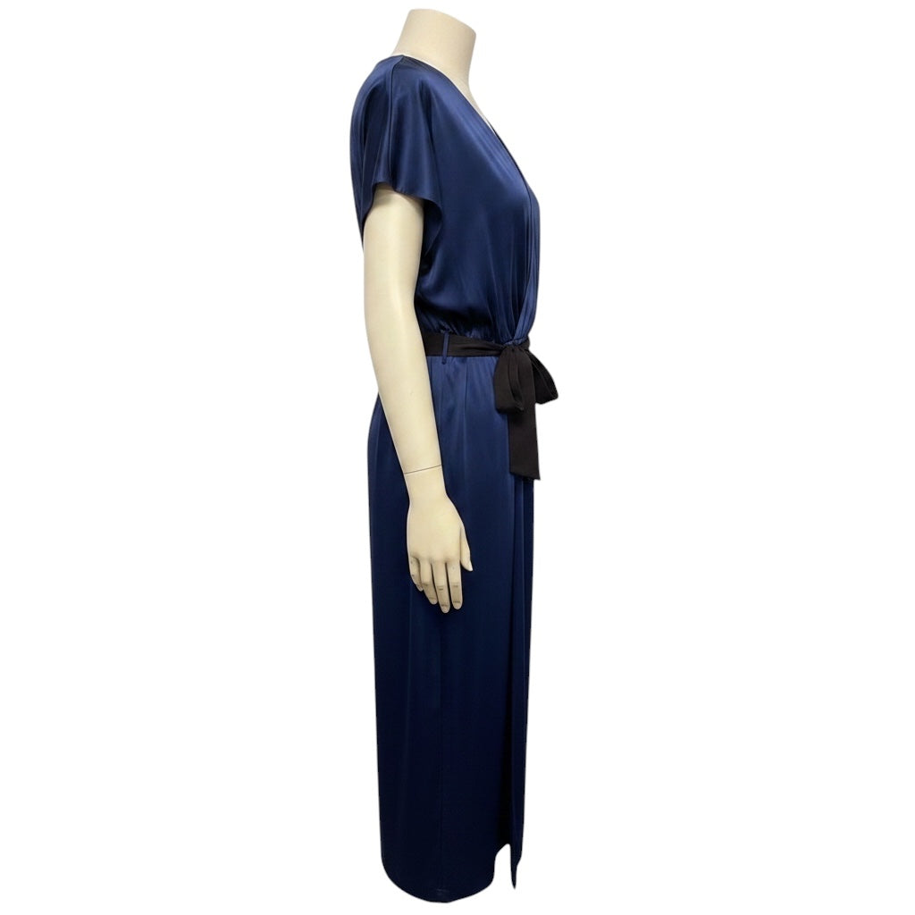 Max Mara Navy Blue Short Sleeved Silk Satin Midi Dress