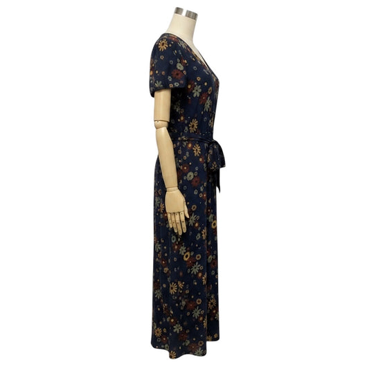Marni Navy Blue Multi Floral Printed Short Sleeved Crepe Maxi Dress with Belt