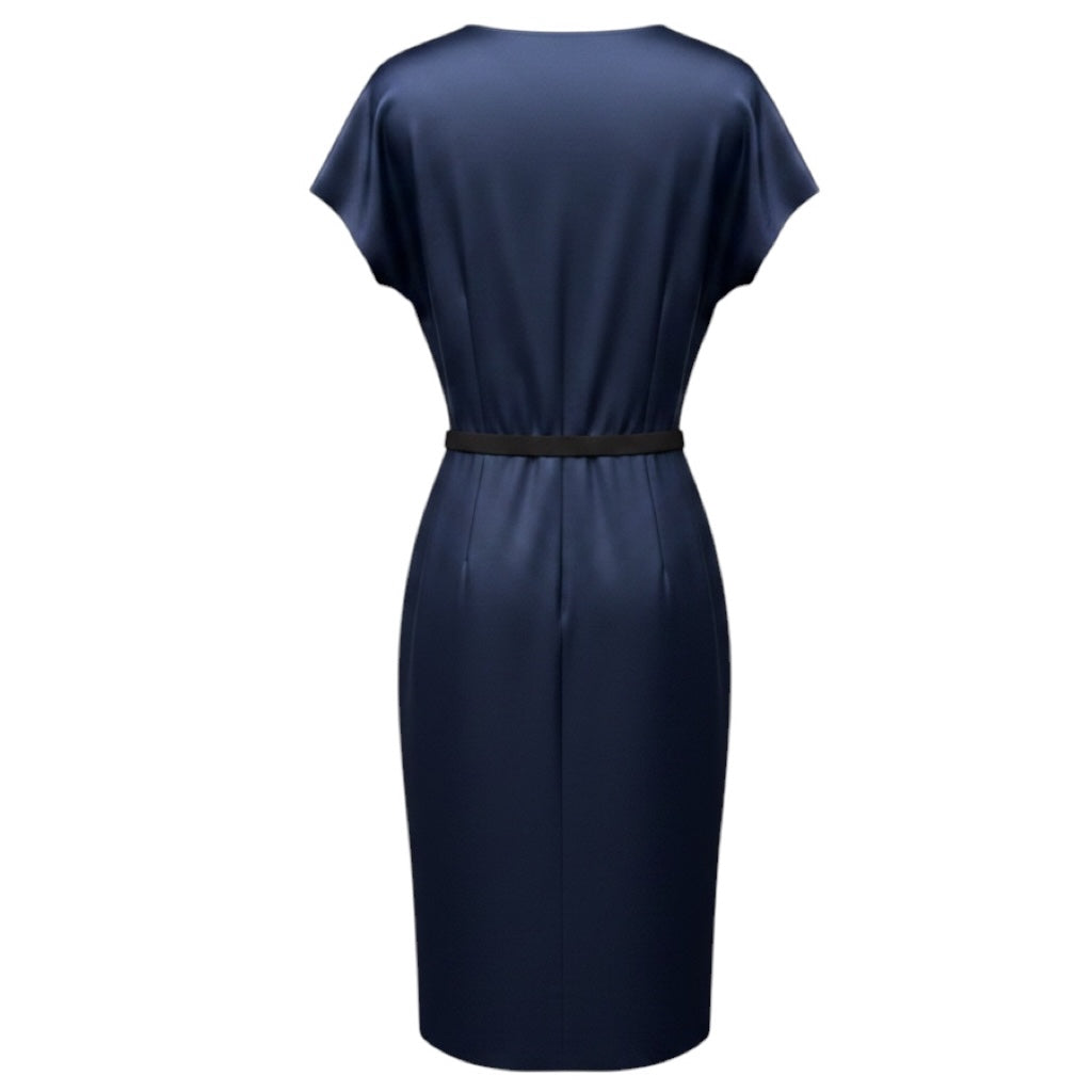 Max Mara Navy Blue Short Sleeved Silk Satin Midi Dress