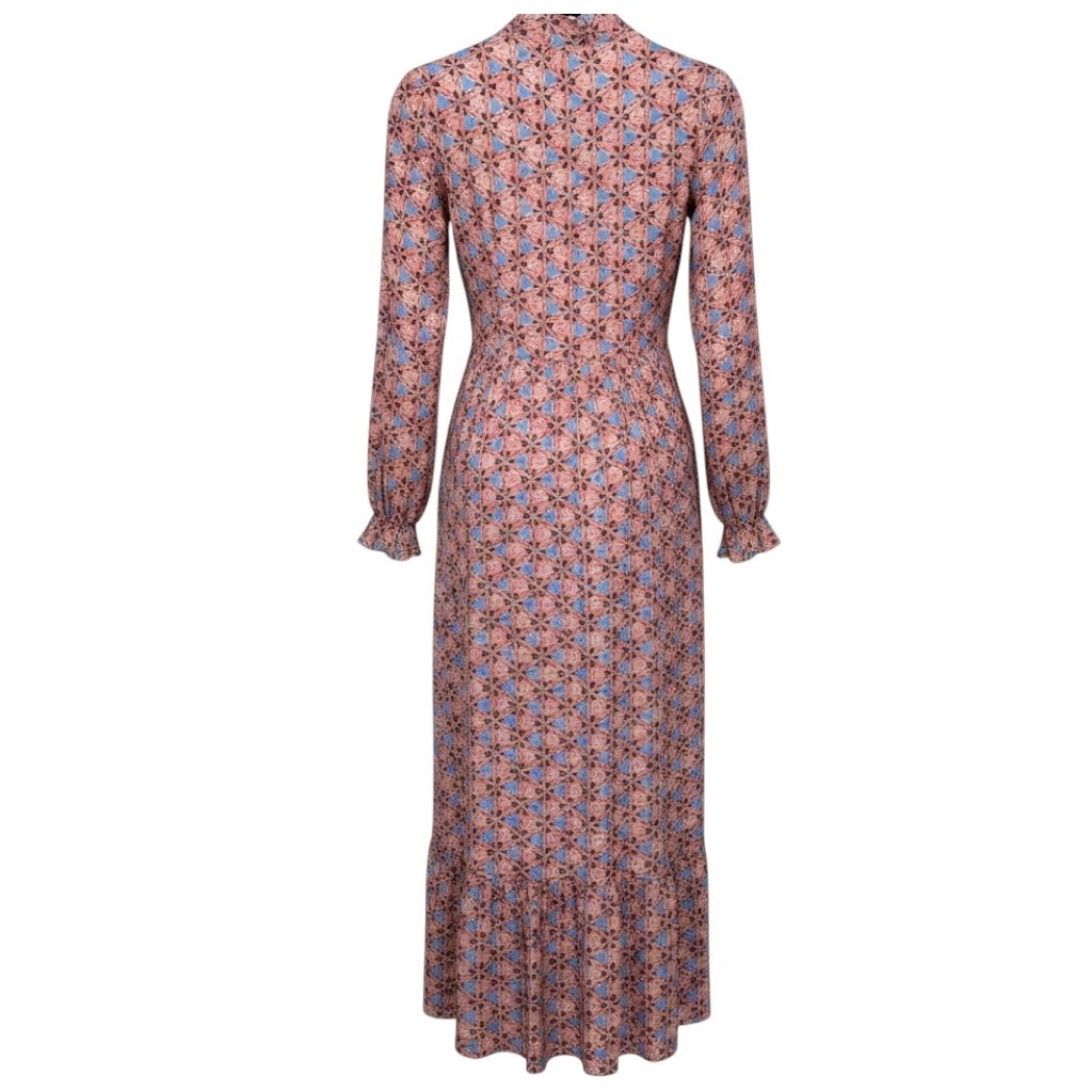 Marie Oliver Pink / Blue Printed Tie Neck Long Sleeved Silk Maxi Dress