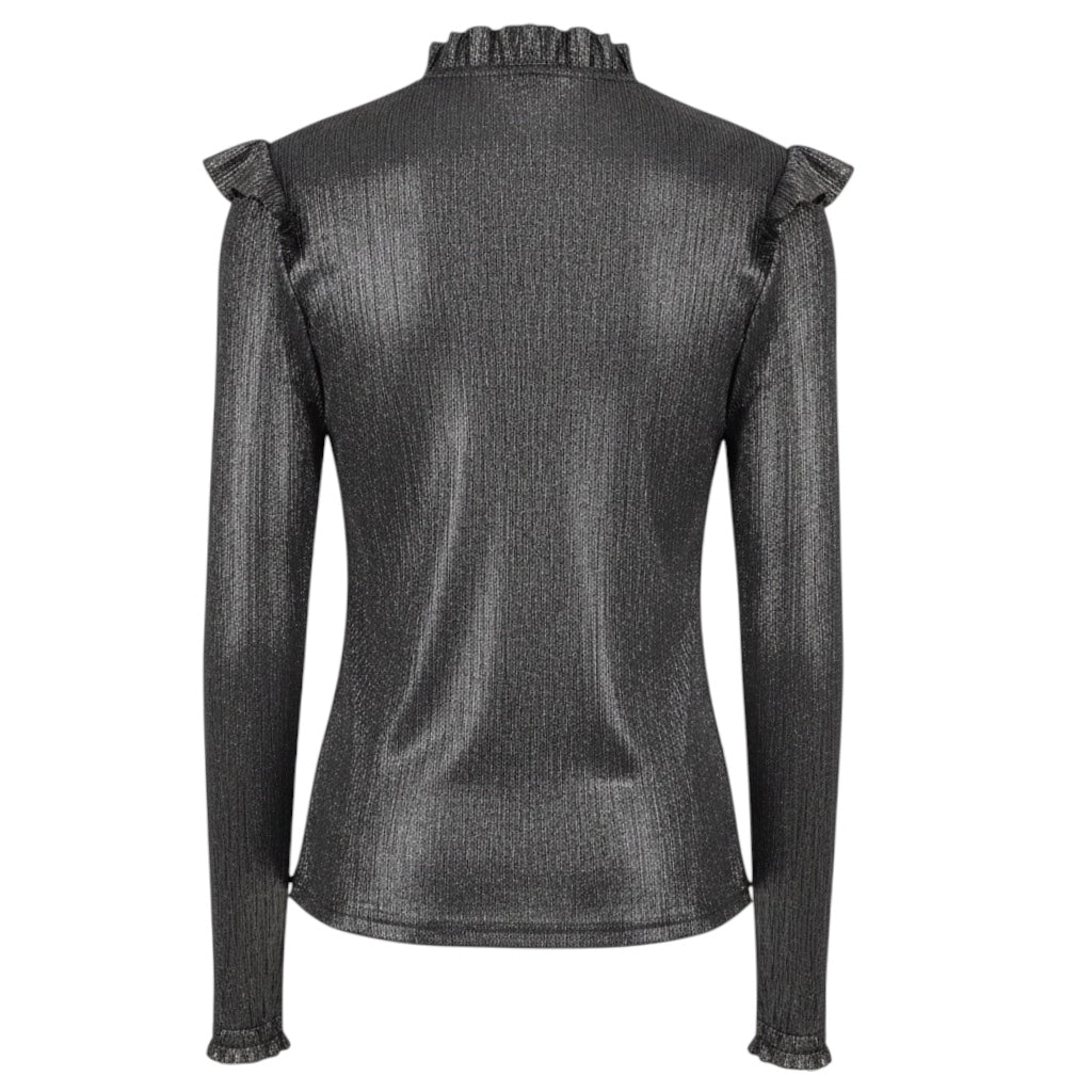 Maje Shiny Silver Argent Clunny Metallic Shirt with Ruffles and Tie Neck