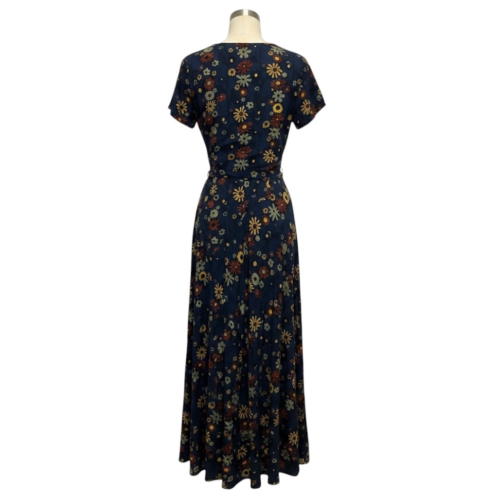 Marni Navy Blue Multi Floral Printed Short Sleeved Crepe Maxi Dress with Belt