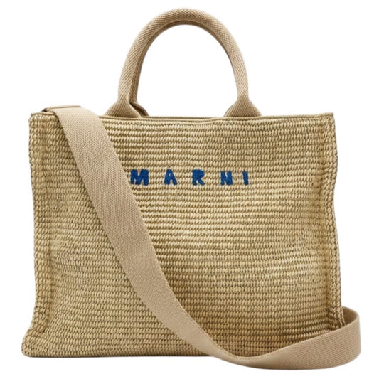 Marni Natural Woven Raffia Tote Handbag with Blue Logo