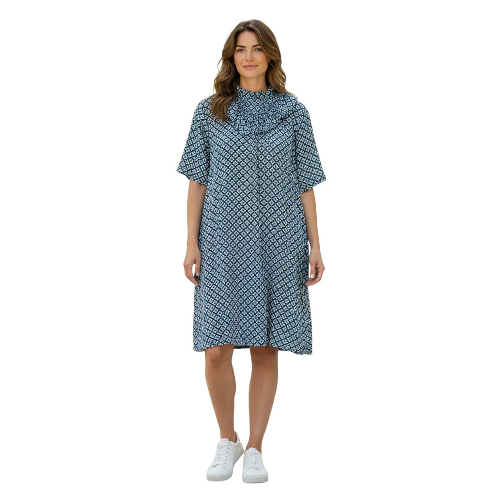 Marni Light Blue / Black Printed Short Sleeved Cotton Dress