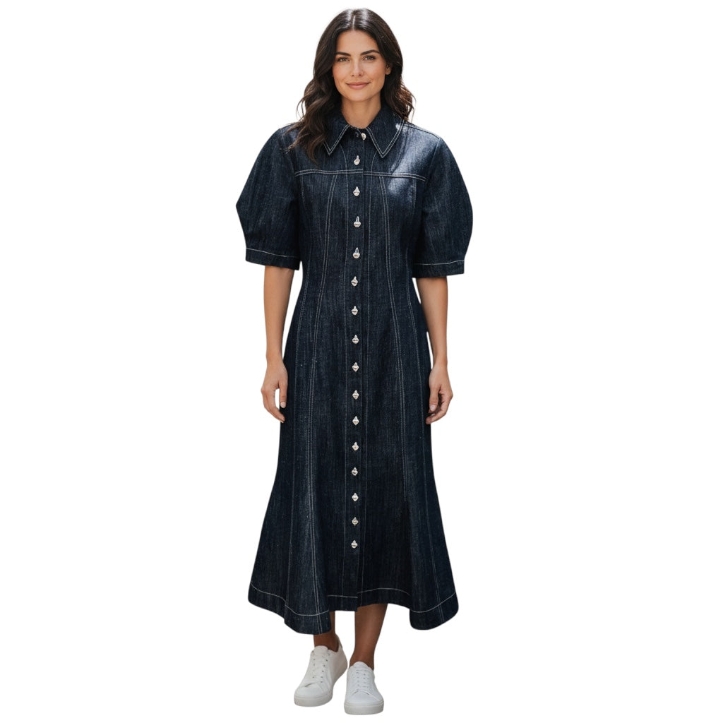 Matthew Bruch Dark Blue Denim Puff Sleeve Midi Dress