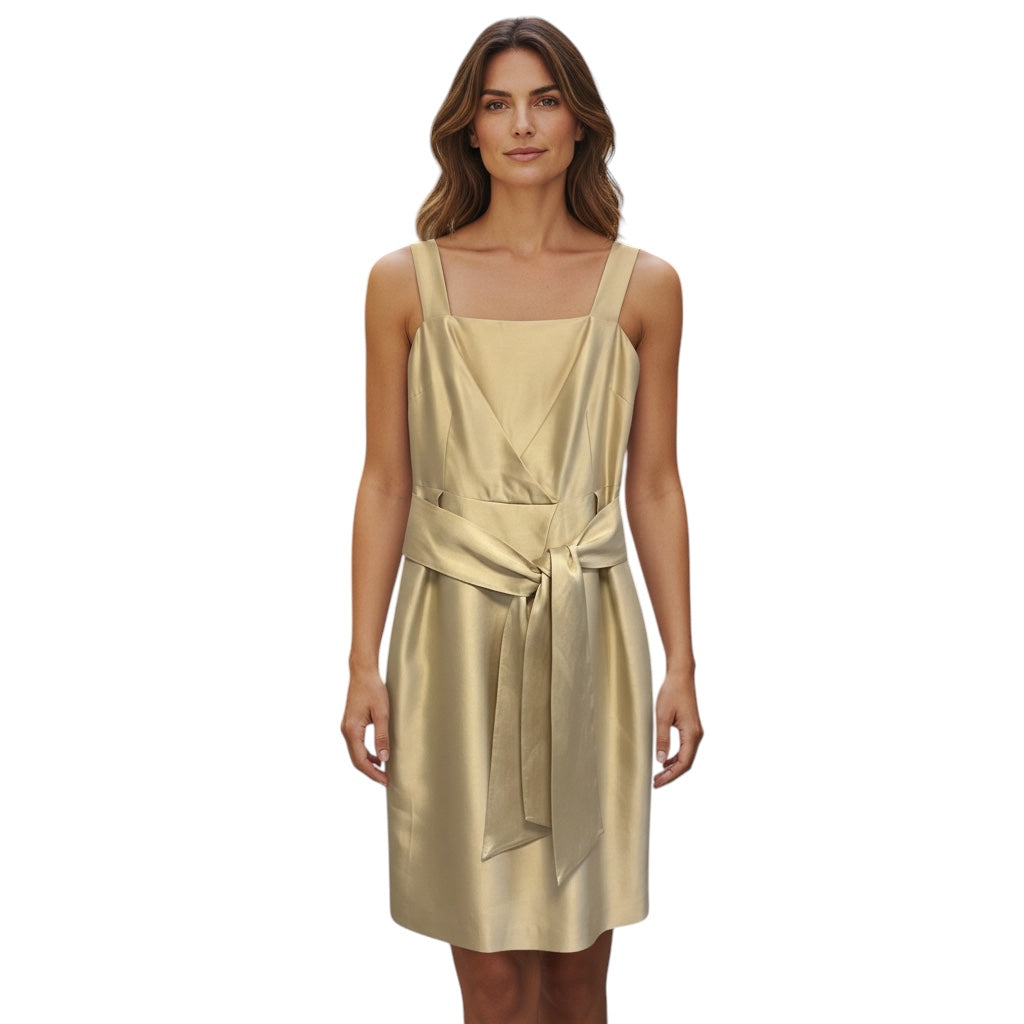 Max Mara Champagne Metallic Pure Raw Silk Sleeveless Cocktail Dress with Belt