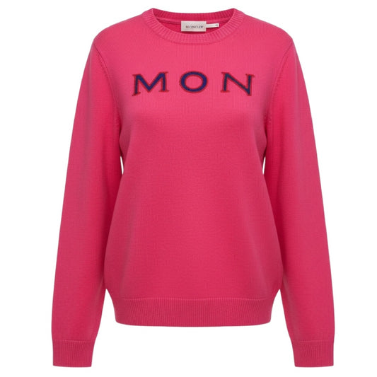 Moncler Bright Pink Cashmere Knit Crewneck Pullover Logo Sweater