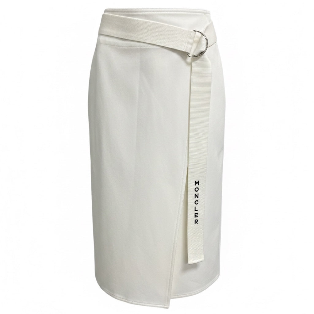 Moncler White Cotton Wrap Midi Skirt with Logo Belt