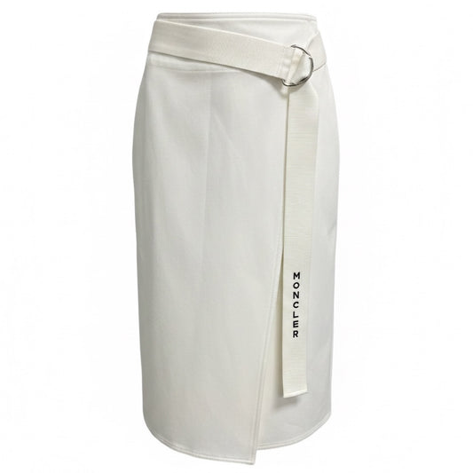 Moncler White Cotton Wrap Midi Skirt with Logo Belt