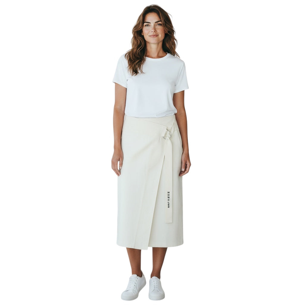 Moncler White Cotton Wrap Midi Skirt with Logo Belt