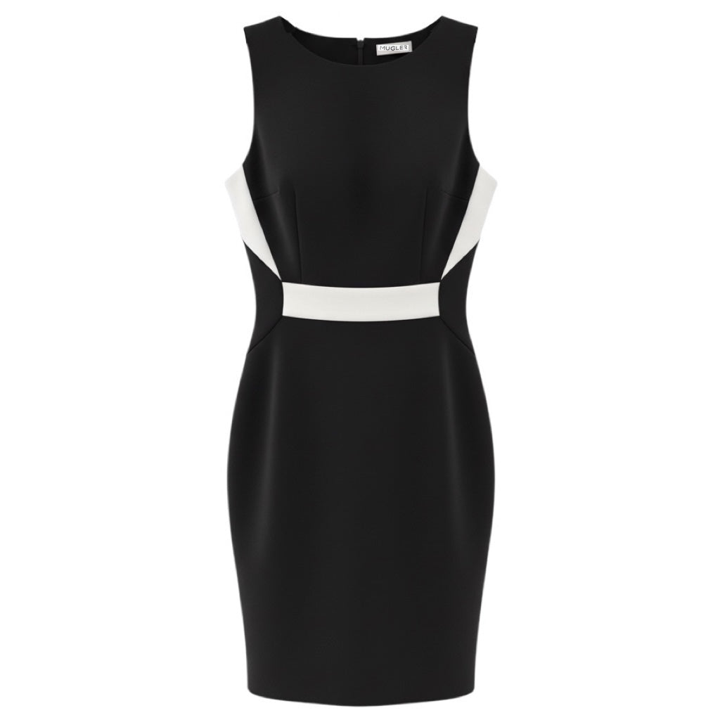 Mugler Black / White Fitted Sleeveless Stretch Knit Midi Cocktail Dress