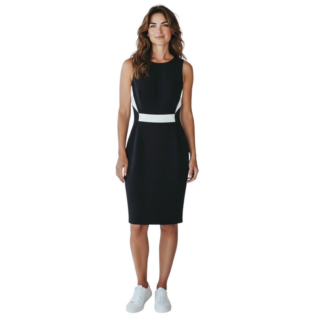 Mugler Black / White Fitted Sleeveless Stretch Knit Midi Cocktail Dress