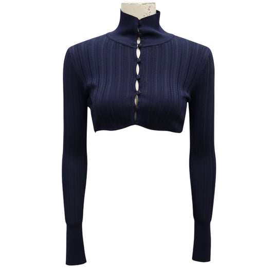 Alaia Navy Blue Cropped Shiny Crinoline Cardigan Sweater