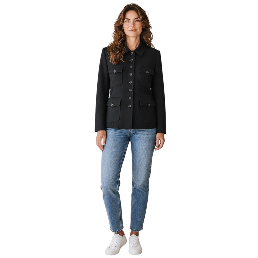 Nili Lotan Navy Blue Button Front Wool Jacket with Four Pockets