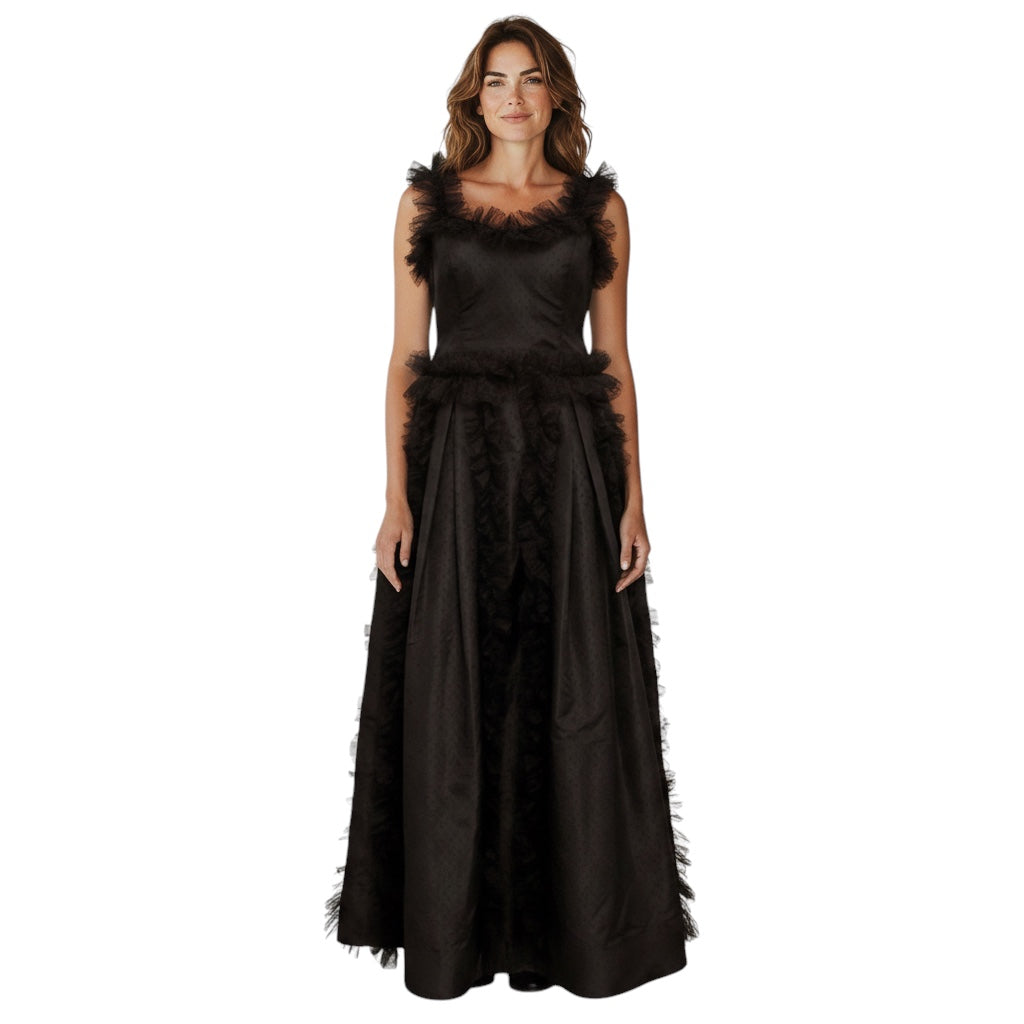 Nina Ricci Vintage Black Dot Patterned Mesh Tulle and Taffeta Gown