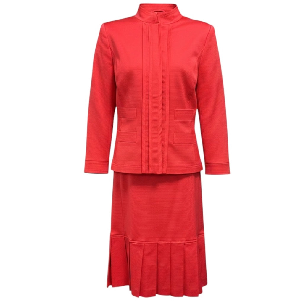 Oscar de la Renta Coral Red Ribbed Cotton Jacket and Skirt Suit Set