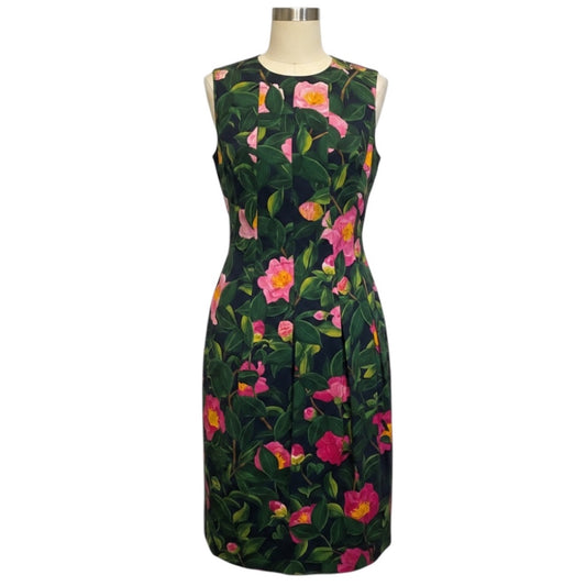 Oscar de la Renta Pink / Navy / Green Multi Camellia Poplin Midi Dress