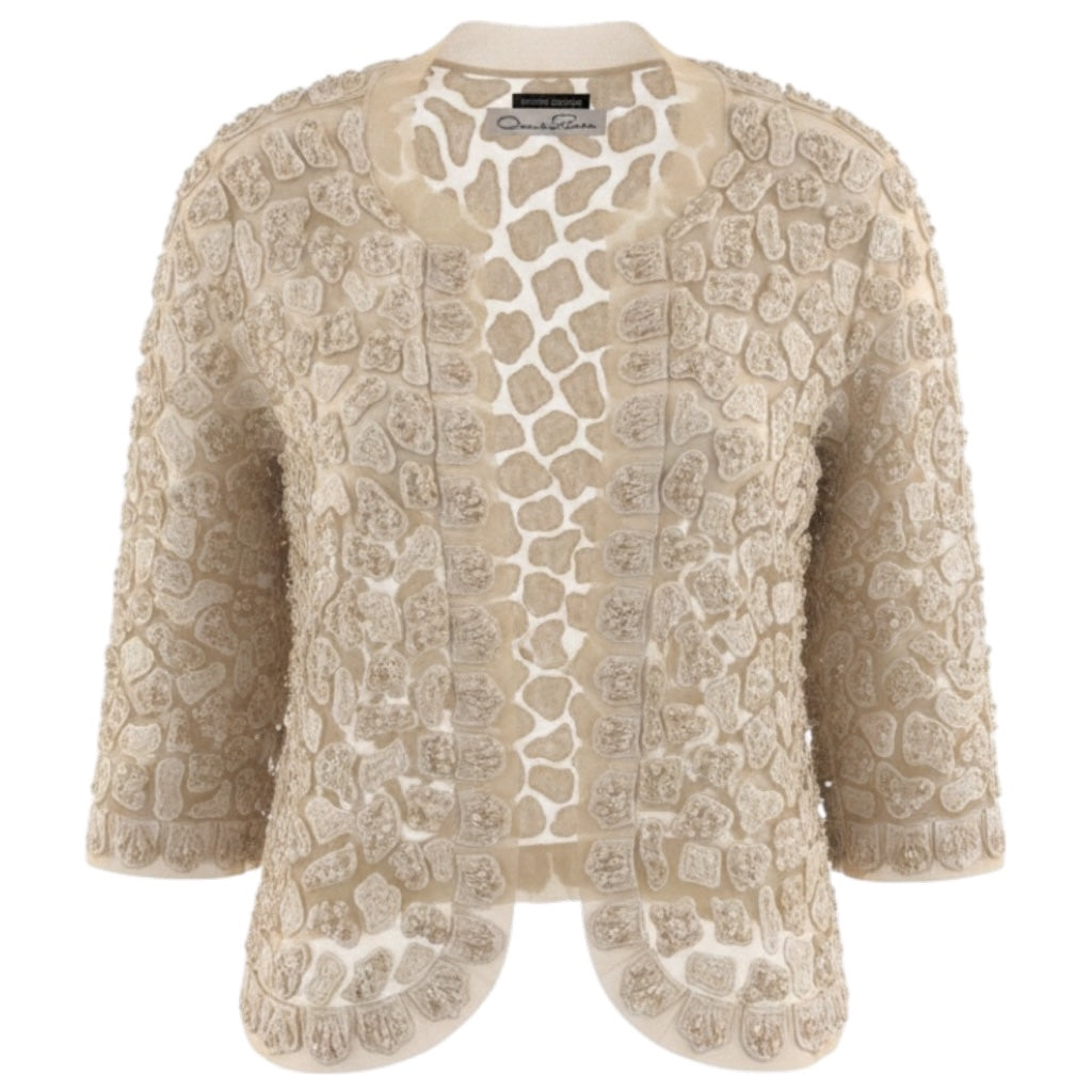 Oscar de la Renta Beige Embroidered Mesh Tulle Open Front Jacket