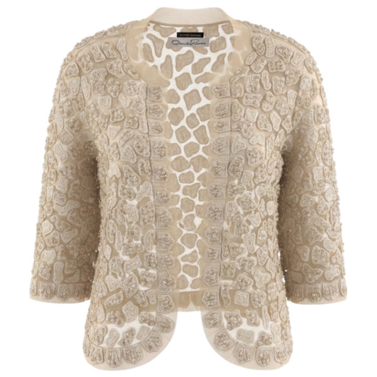 Oscar de la Renta Beige Embroidered Mesh Tulle Open Front Jacket