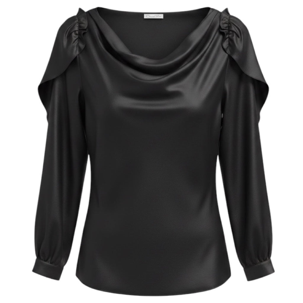 Oscar de la Renta Black Draped Long Sleeved Silk Blouse