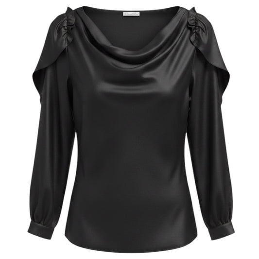 Oscar de la Renta Black Draped Long Sleeved Silk Blouse