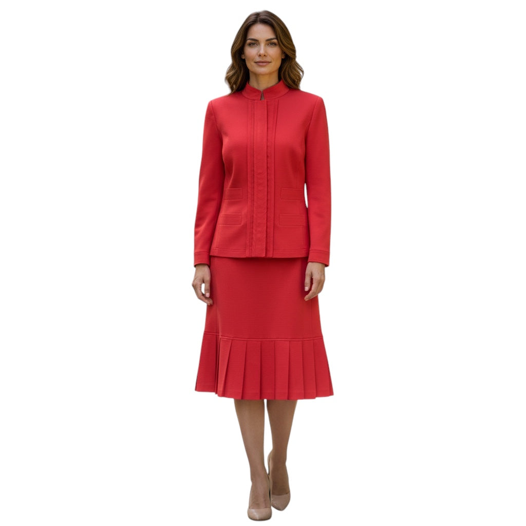 Oscar de la Renta Coral Red Ribbed Cotton Jacket and Skirt Suit Set