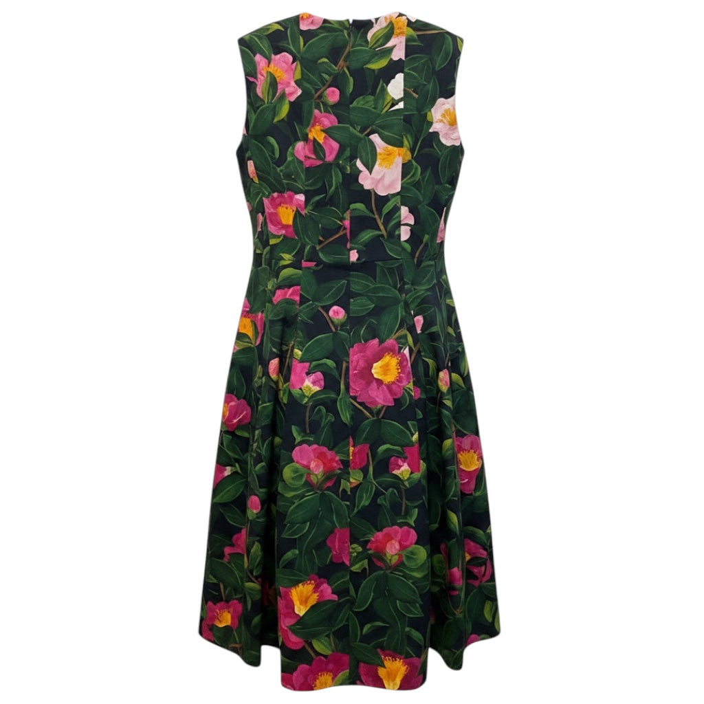 Oscar de la Renta Pink / Navy / Green Multi Camellia Poplin Midi Dress