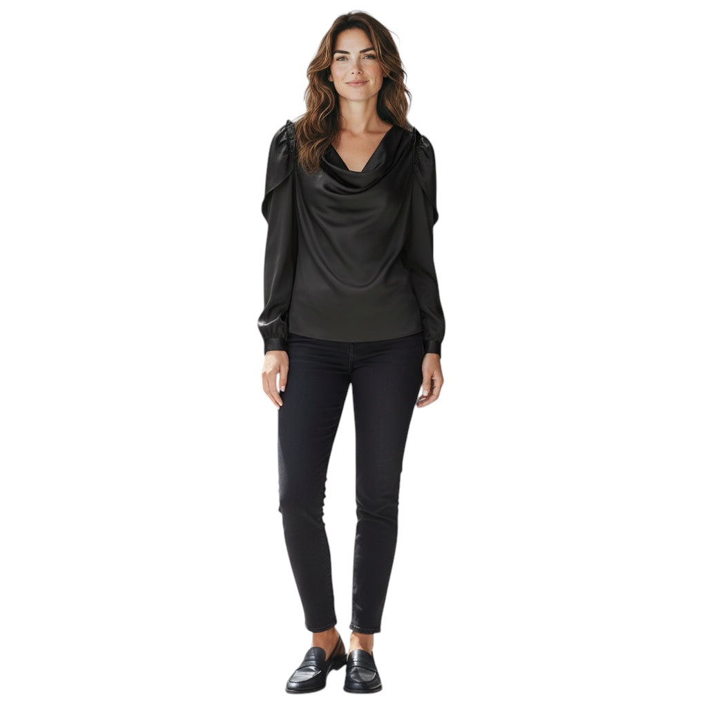 Oscar de la Renta Black Draped Long Sleeved Silk Blouse