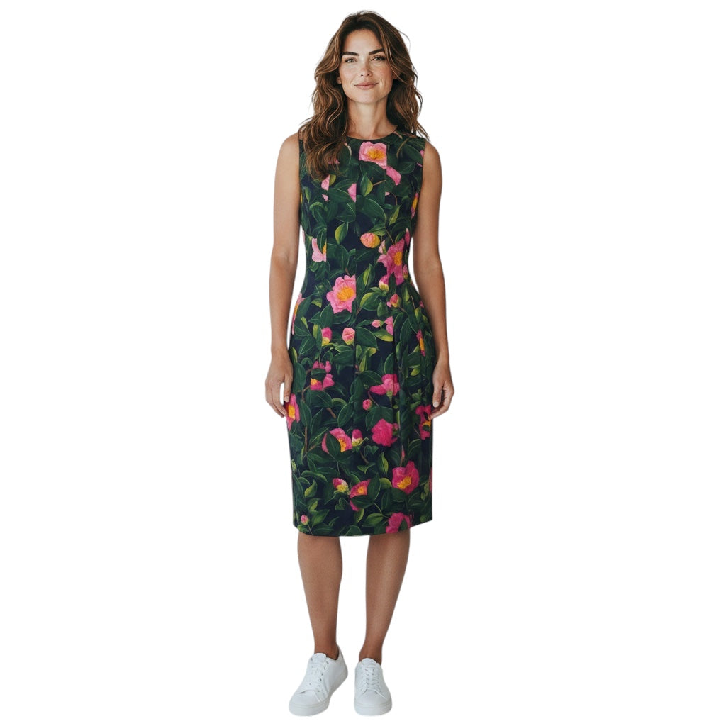 Oscar de la Renta Pink / Navy / Green Multi Camellia Poplin Midi Dress