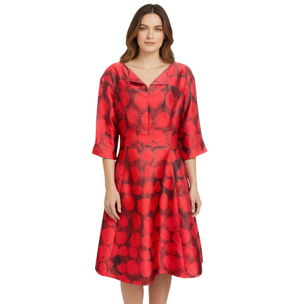 Oscar de la Renta Red / Black Silk 3/4 Sleeve Dress