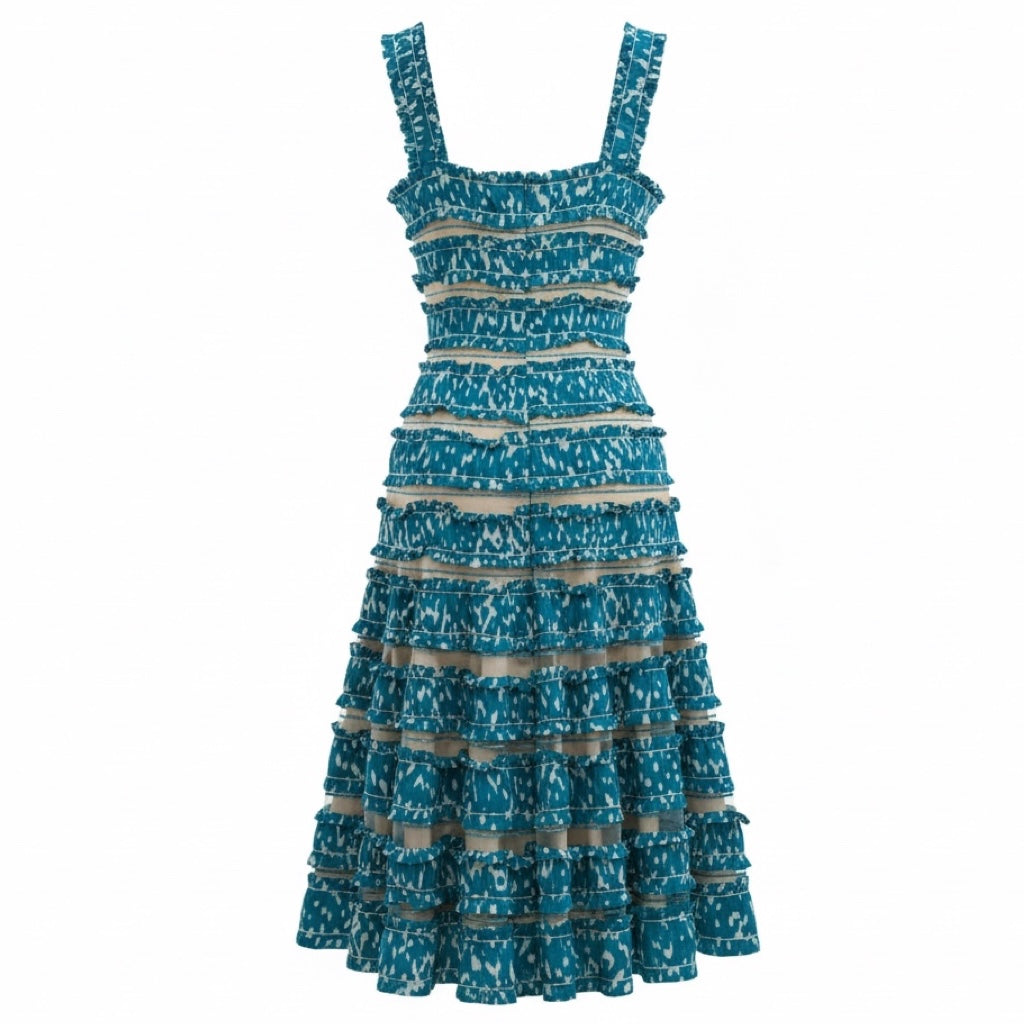 Oscar de la Renta Turquoise Ruffled Sleeveless Silk Chiffon Cocktail Dress