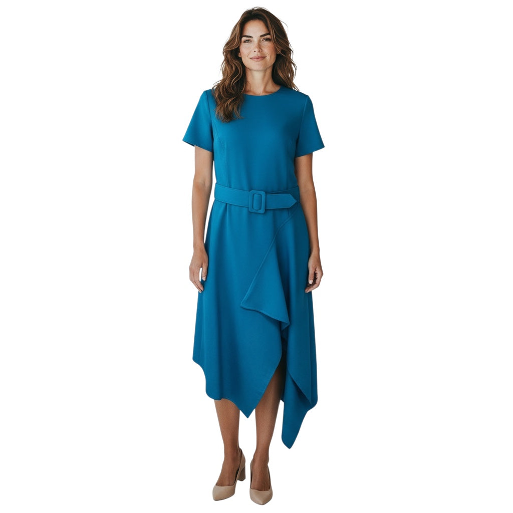 Oscar de la Renta Teal Short Sleeved Wool Stretch Asymmetric Hem Midi Dress with Belt