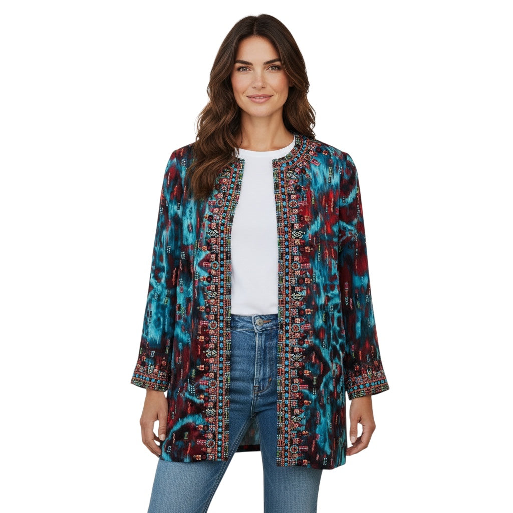 Oscar de la Renta Turquoise / Red Multi Embellished Open Front Jacket