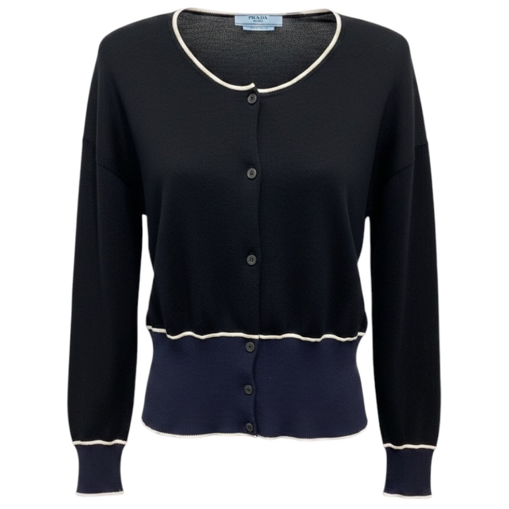 Prada Black / Navy Blue / White Colorblock Knit Cardigan Sweater