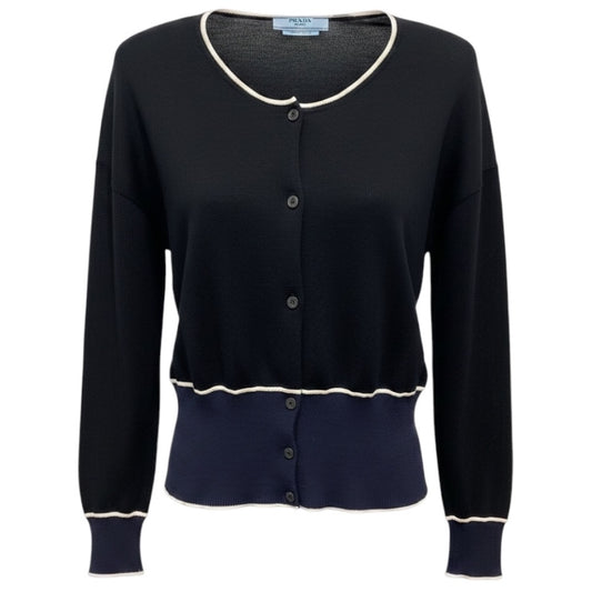 Prada Black / Navy Blue / White Colorblock Knit Cardigan Sweater