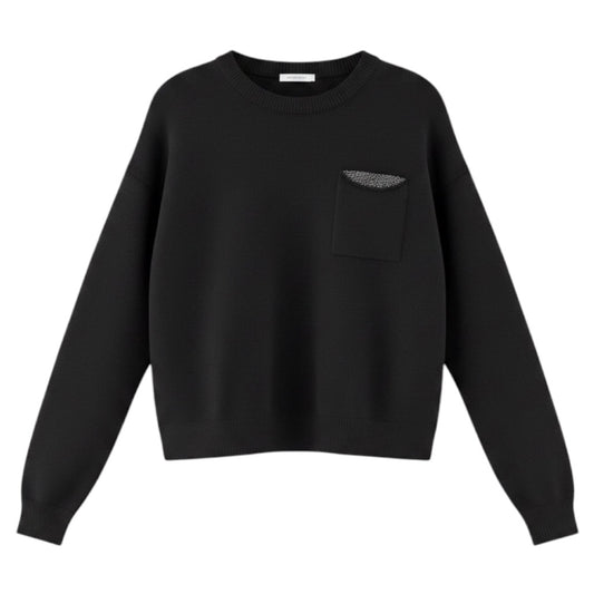 Peserico Black Long Sleeved Crewneck Knit Pullover Sweater with Monili
