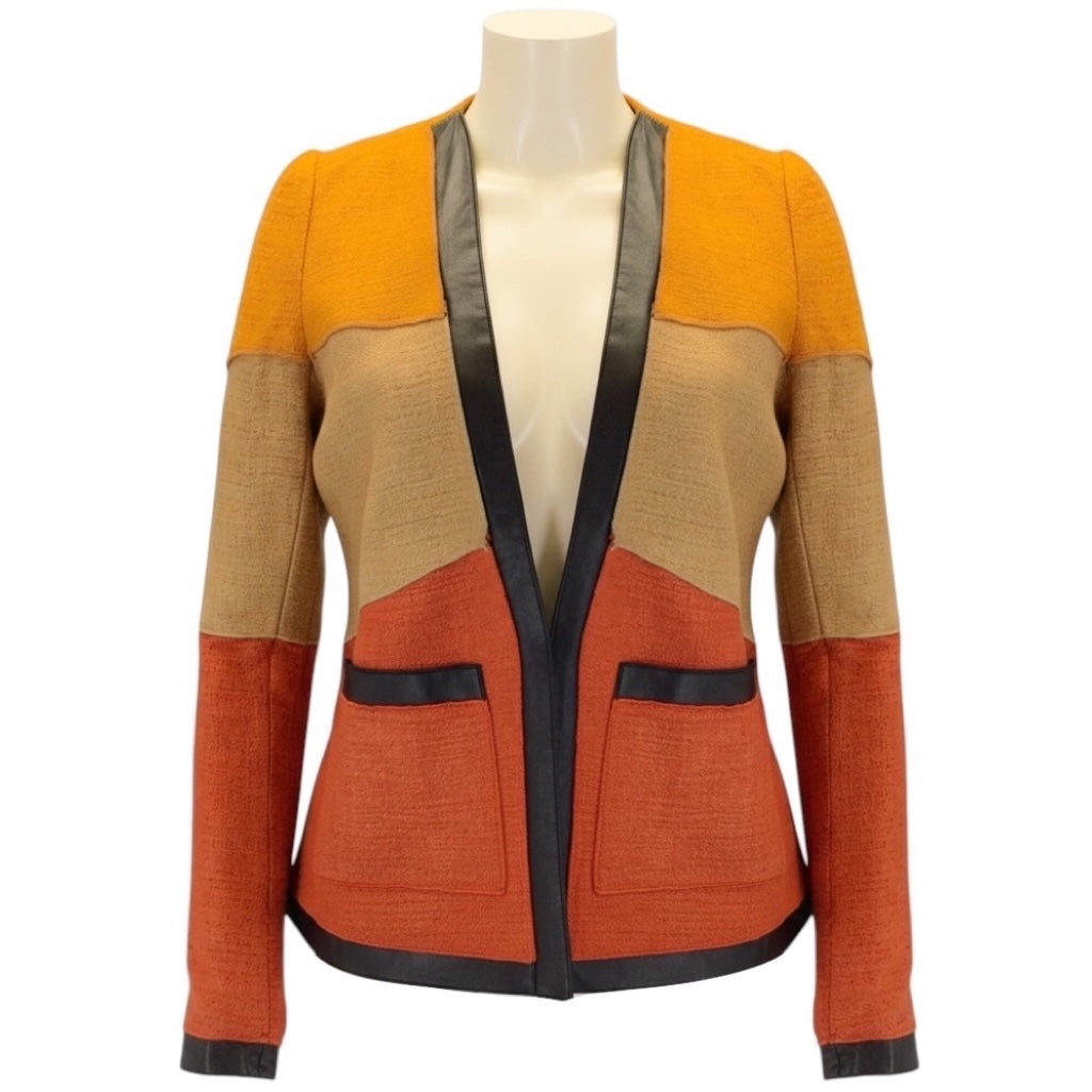 Proenza Schouler Marigold / Tan / Rust / Black Leather Trimmed Linen Jacket