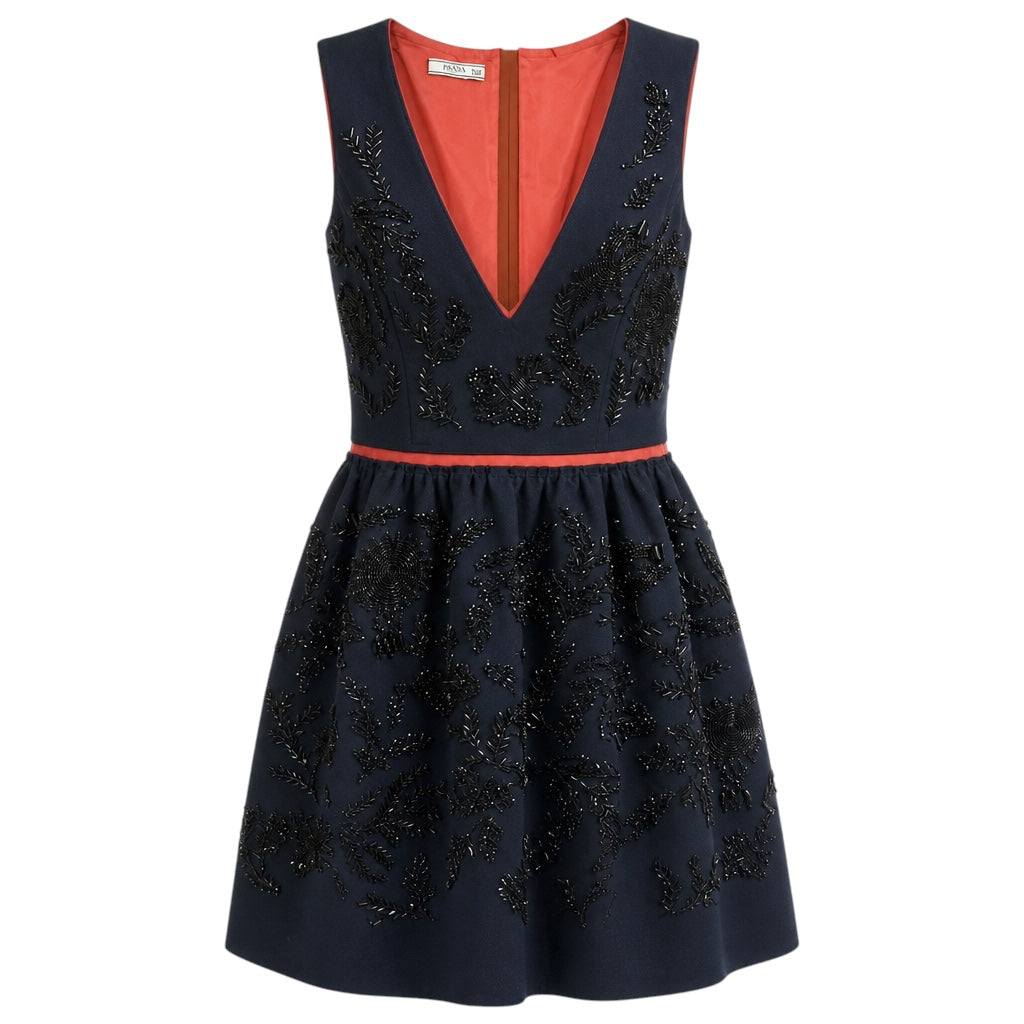 Prada Navy Blue / Burnt Orange Beaded Sleeveless Wool Flared Cocktail Dress