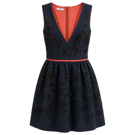 Prada Navy Blue / Burnt Orange Beaded Sleeveless Wool Flared Cocktail Dress