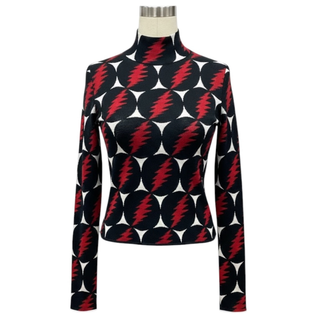 Proenza Schouler Black / White / Red Multi Lightning Bolt Patterned Long Sleeved Silk Knit Pullover Sweater