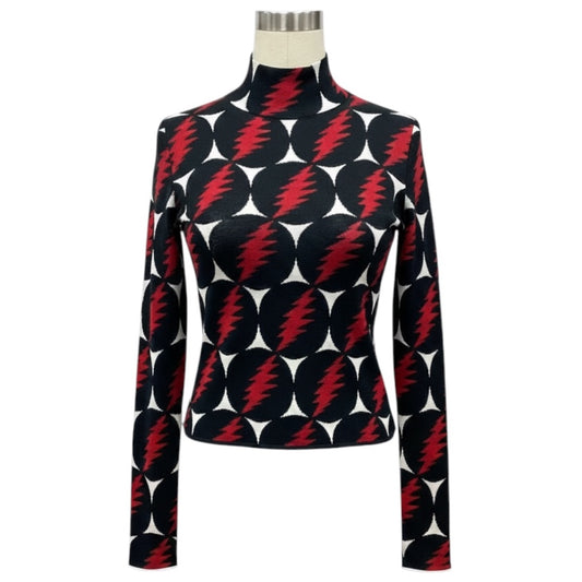 Proenza Schouler Black / White / Red Multi Lightning Bolt Patterned Long Sleeved Silk Knit Pullover Sweater