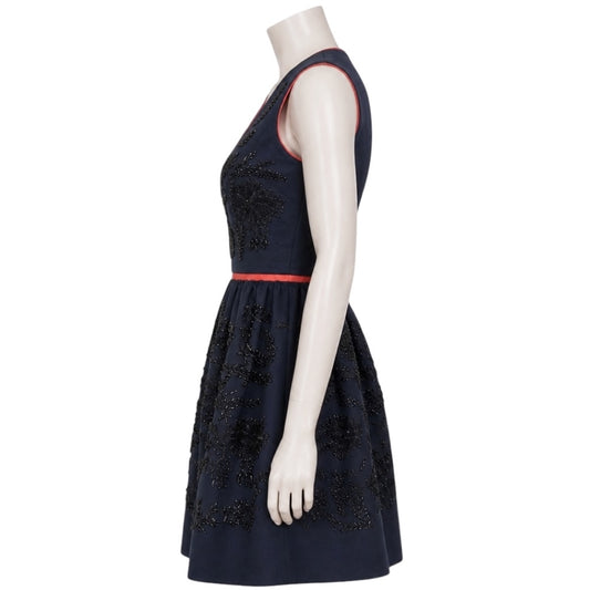 Prada Navy Blue / Burnt Orange Beaded Sleeveless Wool Flared Cocktail Dress