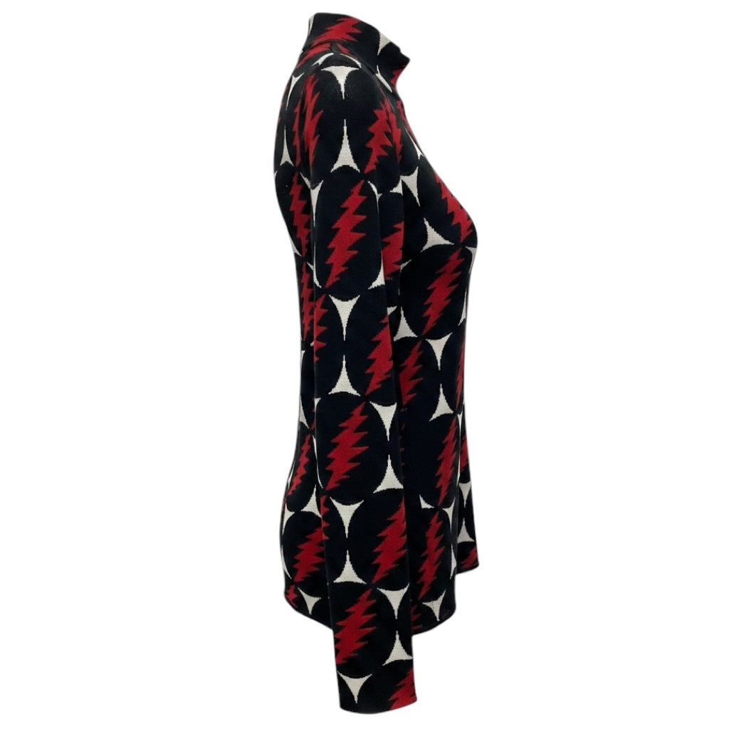 Proenza Schouler Black / White / Red Multi Lightning Bolt Patterned Long Sleeved Silk Knit Pullover Sweater