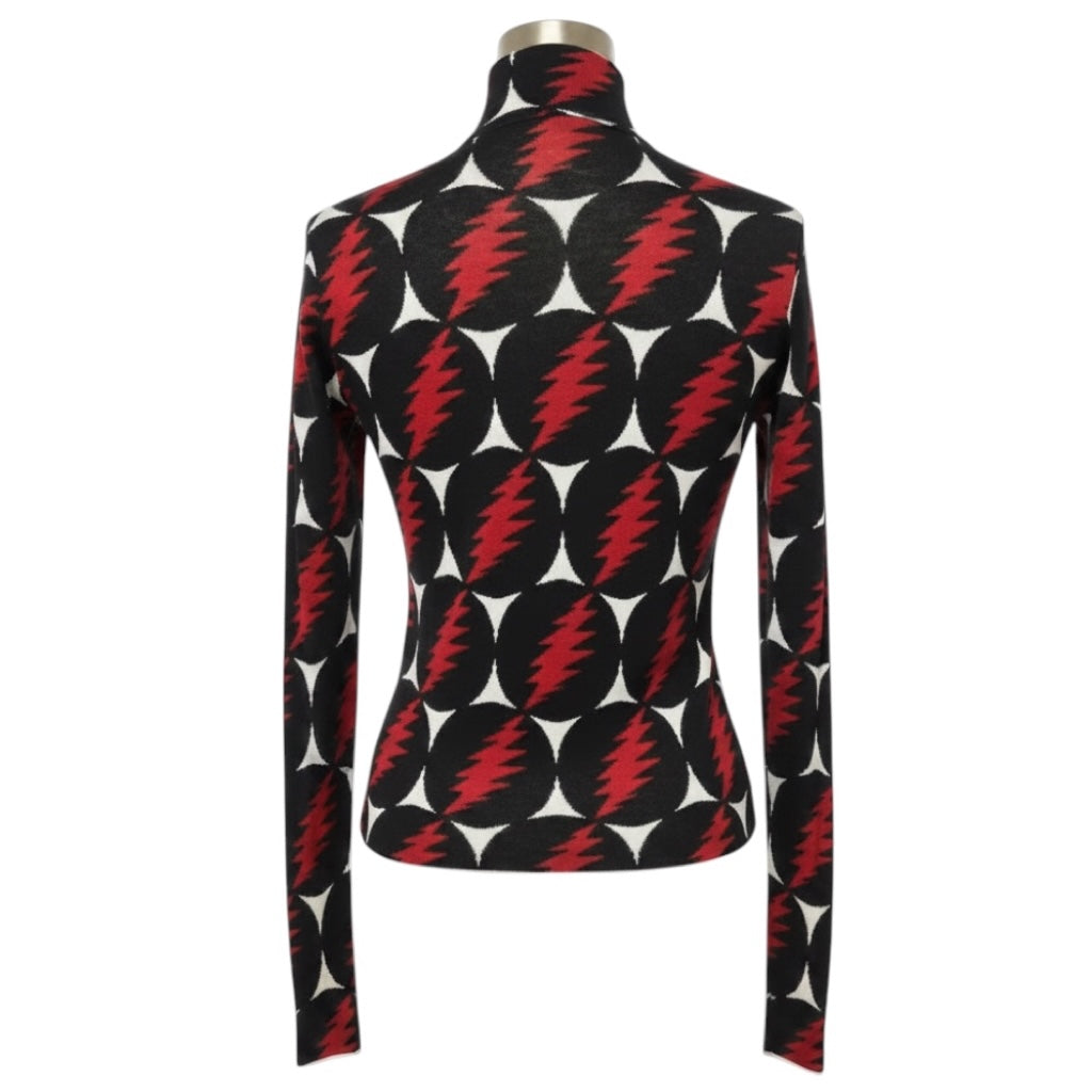 Proenza Schouler Black / White / Red Multi Lightning Bolt Patterned Long Sleeved Silk Knit Pullover Sweater